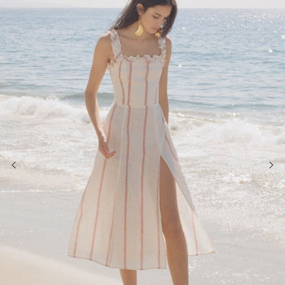 Reformation A-Line Dress White Linen Striped Square Neck Sleeveless Size 2